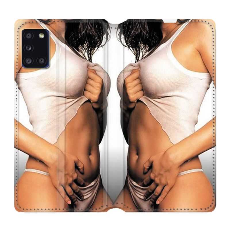 Housse cuir portefeuille pour Samsung Galaxy A31 Sexy Tee Shirt Blanc