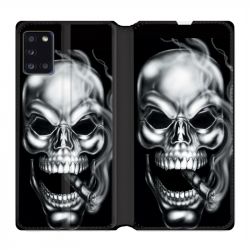 Housse cuir portefeuille pour Samsung Galaxy A31 Tete de Mort Fume
