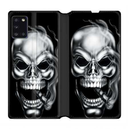 Housse cuir portefeuille pour Samsung Galaxy A31 Tete de Mort Fume