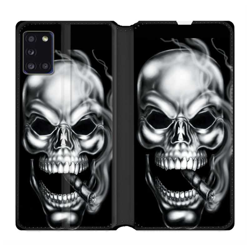 Housse cuir portefeuille pour Samsung Galaxy A31 Tete de Mort Fume