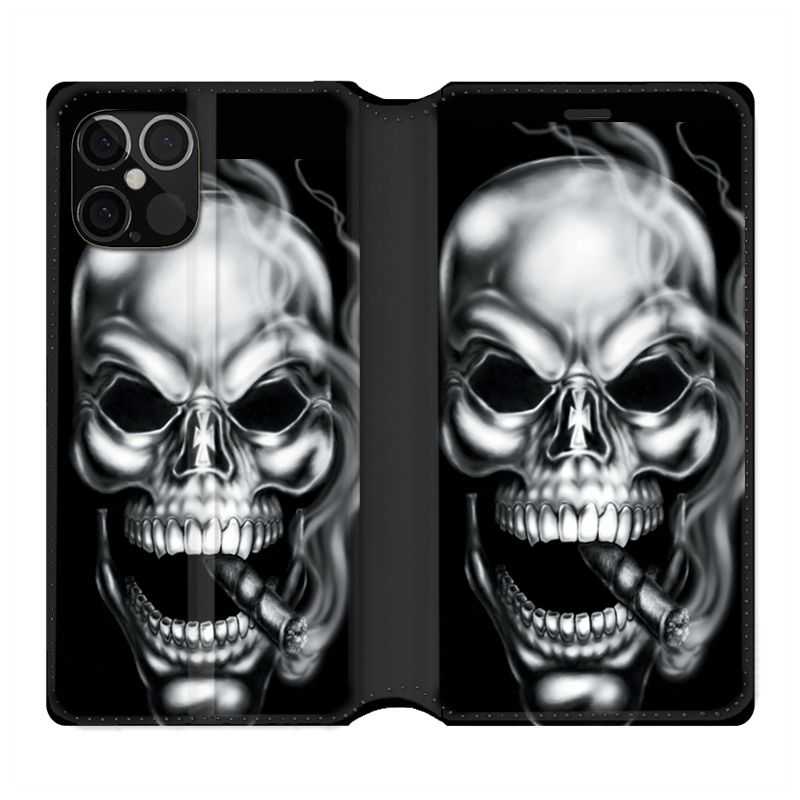 Housse Cuir Portefeuille Pour Iphone 12 / 12 Pro Tete De Mort Fume