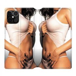Housse Cuir Portefeuille Pour Iphone 12 / 12 Pro Sexy Tee Shirt Blanc
