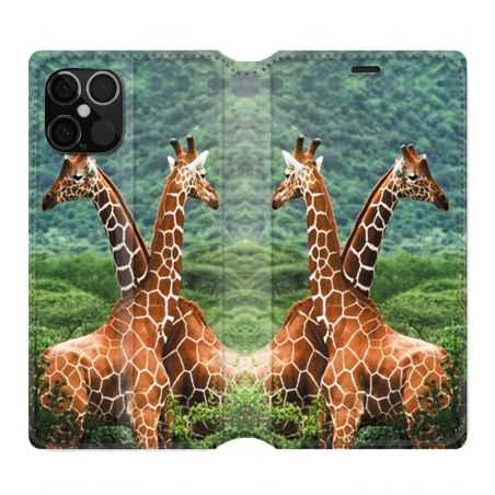 Housse Cuir Portefeuille Pour Iphone 12 / 12 Pro Savane Girafe Duo