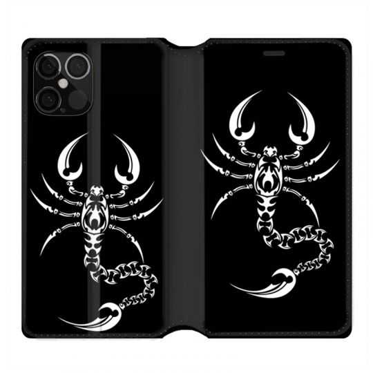 Housse Cuir Portefeuille Pour Iphone 12 / 12 Pro Scorpion Noir