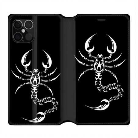 Housse Cuir Portefeuille Pour Iphone 12 / 12 Pro Scorpion Noir