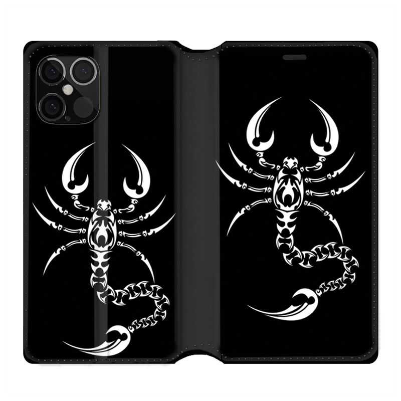 Housse Cuir Portefeuille Pour Iphone 12 / 12 Pro Scorpion Noir