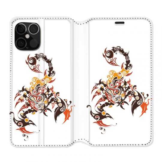 Housse Cuir Portefeuille Pour Iphone 12 / 12 Pro Scorpion Blanc