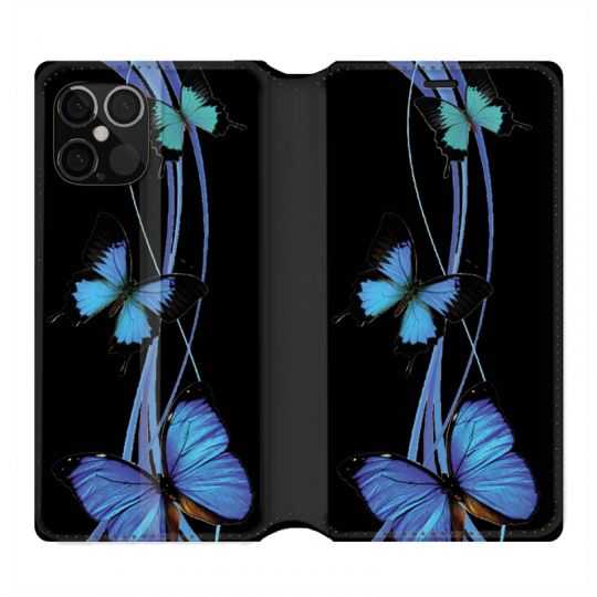 Housse Cuir Portefeuille Pour Iphone 12 / 12 Pro Papillon bleu sur Noir