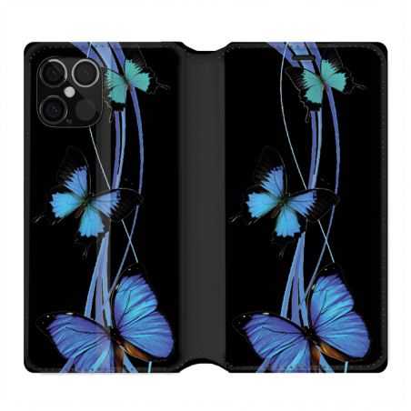 Housse Cuir Portefeuille Pour Iphone 12 / 12 Pro Papillon bleu sur Noir