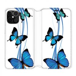 Housse Cuir Portefeuille Pour Iphone 12 / 12 Pro Papillon bleu sur Blanc