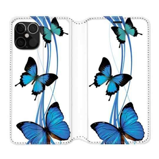 Housse Cuir Portefeuille Pour Iphone 12 / 12 Pro Papillon bleu sur Blanc
