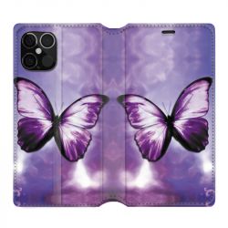 Housse Cuir Portefeuille Pour Iphone 12 / 12 Pro Papillon Violet et Blanc