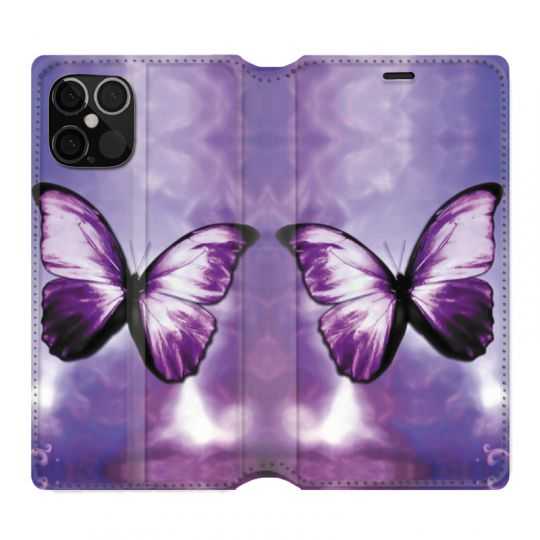 Housse Cuir Portefeuille Pour Iphone 12 / 12 Pro Papillon Violet et Blanc