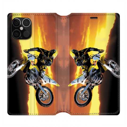 Housse Cuir Portefeuille Pour Iphone 12 / 12 Pro Moto Cross Noir