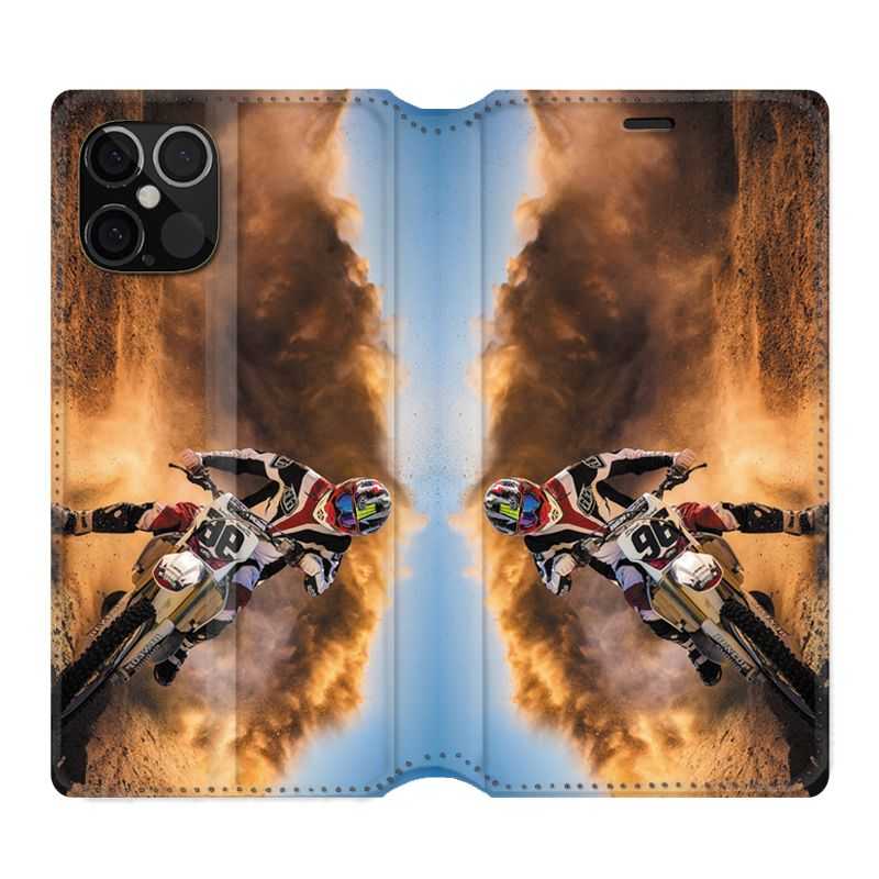 Housse Cuir Portefeuille Pour Iphone 12 / 12 Pro Moto Cross Blanc