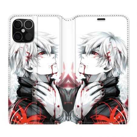 Housse Cuir Portefeuille Pour Iphone 12 / 12 Pro Manga Kaneki Blanc