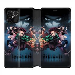 Housse Cuir Portefeuille Pour Iphone 12 / 12 Pro Manga Demon Slayer Noir