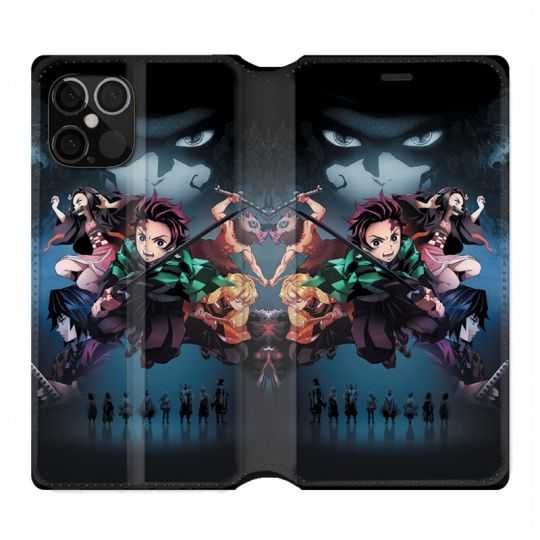 Housse Cuir Portefeuille Pour Iphone 12 / 12 Pro Manga Demon Slayer Noir