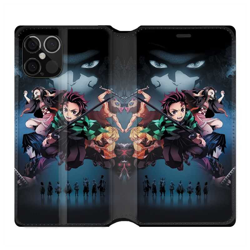 Housse Cuir Portefeuille Pour Iphone 12 / 12 Pro Manga Demon Slayer Noir