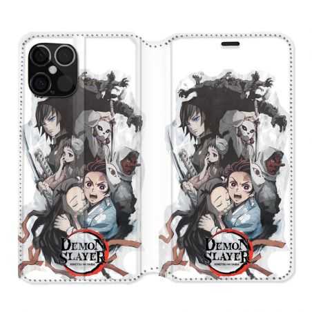 Housse Cuir Portefeuille Pour Iphone 12 / 12 Pro Manga Demon Slayer Blanc