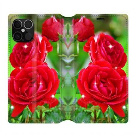 Housse Cuir Portefeuille Pour Iphone 12 / 12 Pro Fleur Rose Rouge
