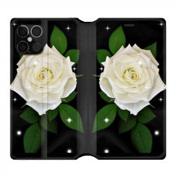 Housse Cuir Portefeuille Pour Iphone 12 / 12 Pro Fleur Rose Blanche