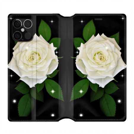 Housse Cuir Portefeuille Pour Iphone 12 / 12 Pro Fleur Rose Blanche