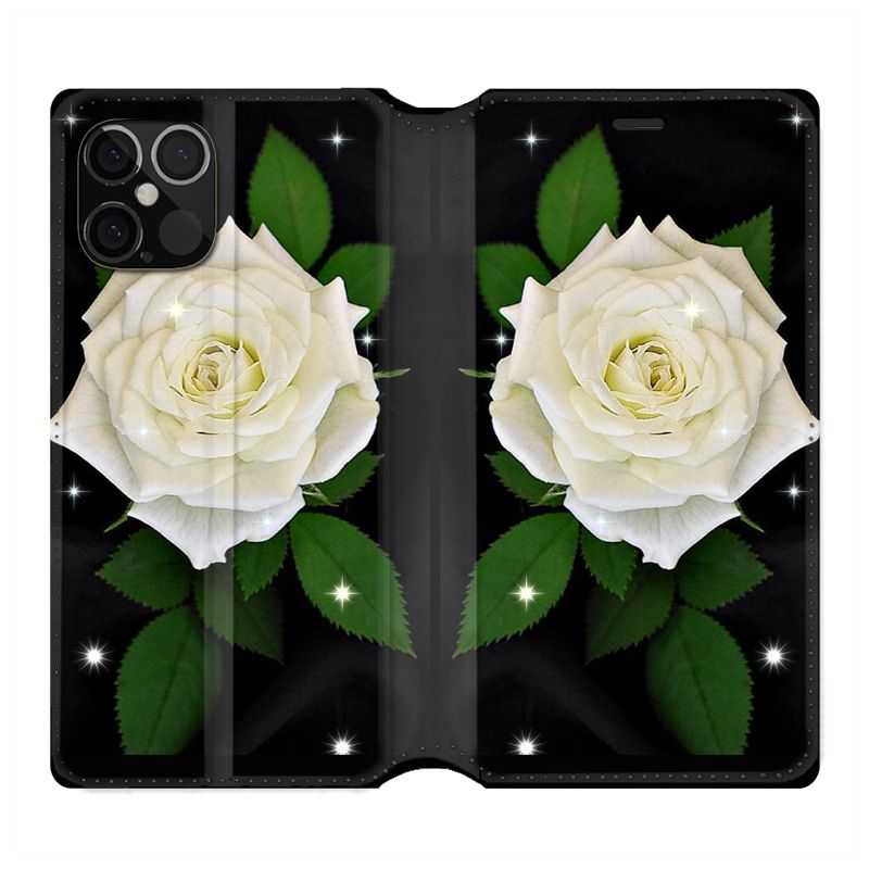 Housse Cuir Portefeuille Pour Iphone 12 / 12 Pro Fleur Rose Blanche