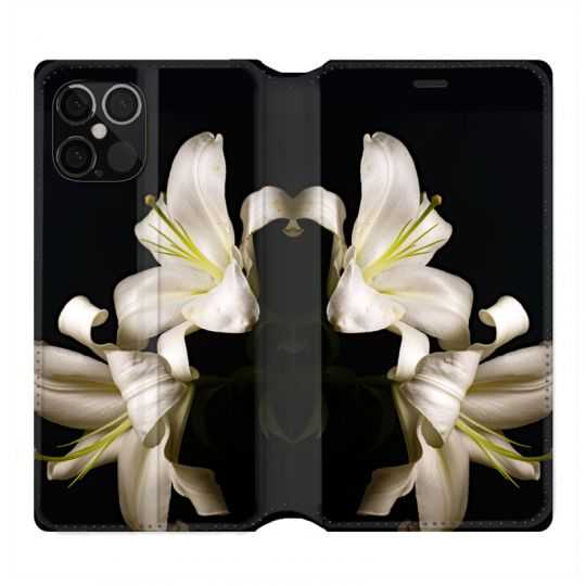 Housse Cuir Portefeuille Pour Iphone 12 / 12 Pro Fleur Lys Noir