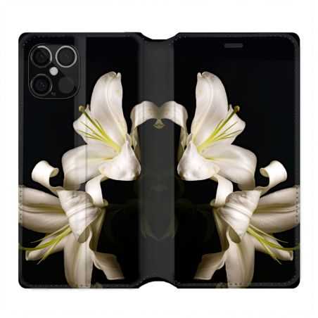 Housse Cuir Portefeuille Pour Iphone 12 / 12 Pro Fleur Lys Noir