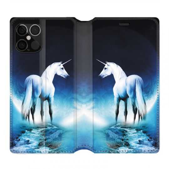 Housse Cuir Portefeuille Pour Iphone 12 / 12 Pro Licorne Lune