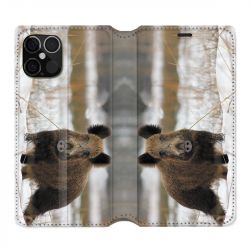 Housse Cuir Portefeuille Pour Iphone 12 / 12 Pro Chasse Sanglier Neige
