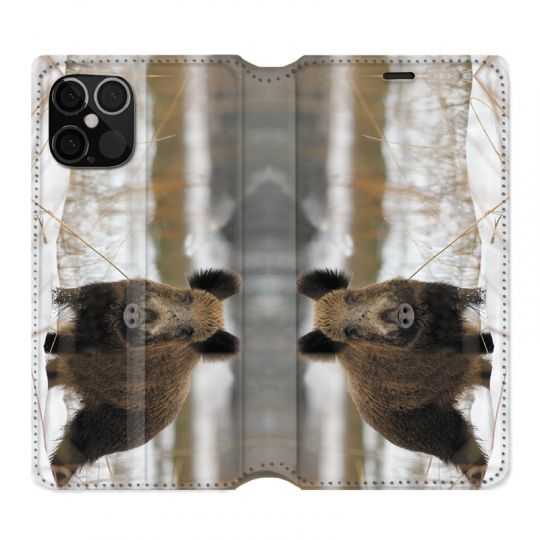 Housse Cuir Portefeuille Pour Iphone 12 / 12 Pro Chasse Sanglier Neige