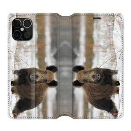 Housse Cuir Portefeuille Pour Iphone 12 / 12 Pro Chasse Sanglier Neige