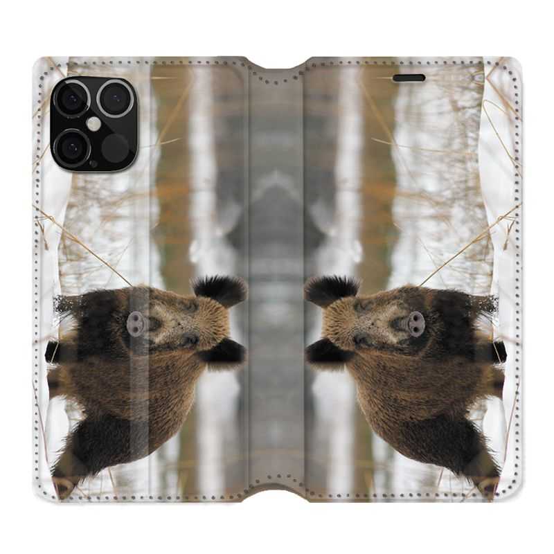 Housse Cuir Portefeuille Pour Iphone 12 / 12 Pro Chasse Sanglier Neige
