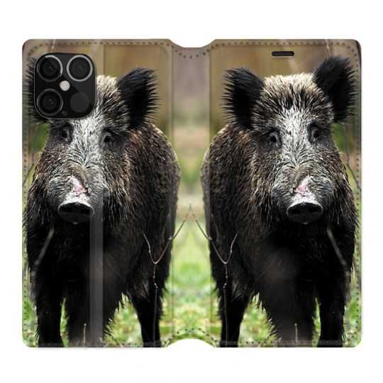 Housse Cuir Portefeuille Pour Iphone 12 / 12 Pro Chasse Sanglier bois