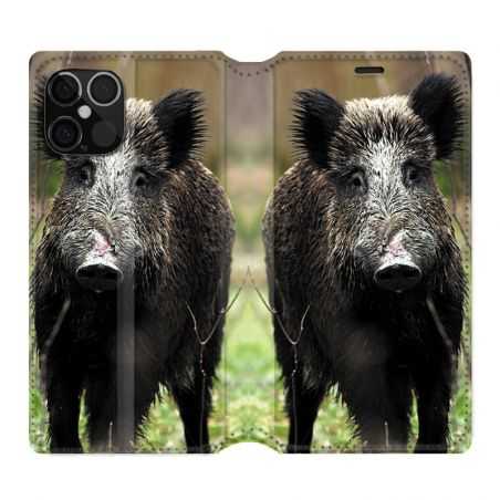 Housse Cuir Portefeuille Pour Iphone 12 / 12 Pro Chasse Sanglier bois