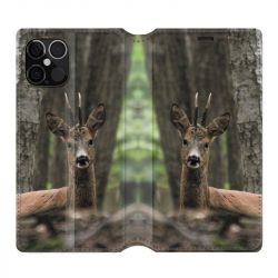 Housse Cuir Portefeuille Pour Iphone 12 / 12 Pro Chasse Chevreuil Bois