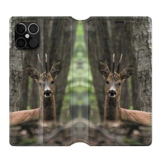 Housse Cuir Portefeuille Pour Iphone 12 / 12 Pro Chasse Chevreuil Bois