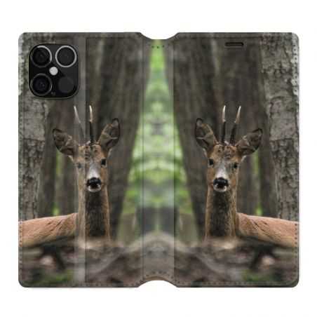 Housse Cuir Portefeuille Pour Iphone 12 / 12 Pro Chasse Chevreuil Bois