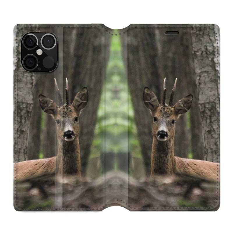 Housse Cuir Portefeuille Pour Iphone 12 / 12 Pro Chasse Chevreuil Bois