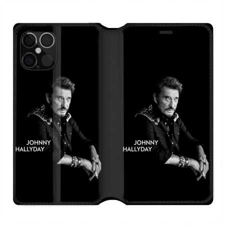 Housse Cuir Portefeuille Pour Iphone 12 / 12 Pro Johnny Hallyday Noir