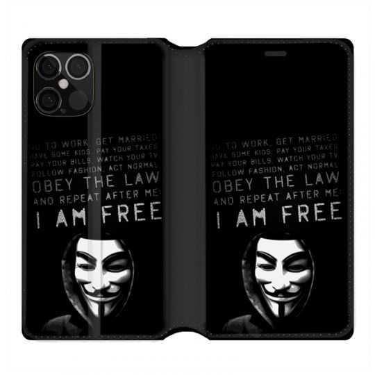 Housse Cuir Portefeuille Pour Iphone 12 / 12 Pro Anonymous I am free