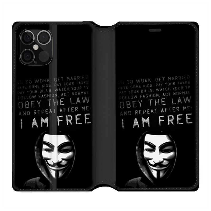 Housse Cuir Portefeuille Pour Iphone 12 / 12 Pro Anonymous I am free