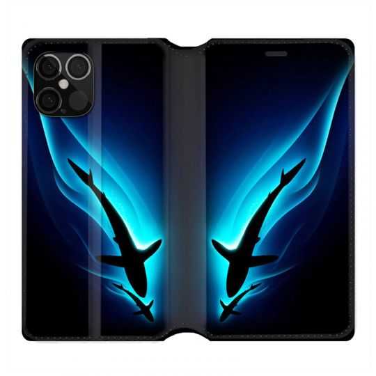 Housse Cuir Portefeuille Pour Iphone 12 / 12 Pro Requin Noir