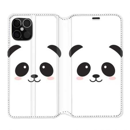Housse Cuir Portefeuille Pour Iphone 12 / 12 Pro Panda Blanc
