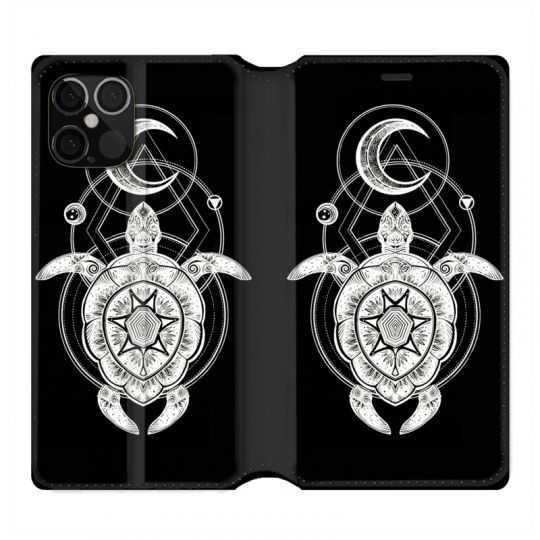 Housse Cuir Portefeuille Pour Iphone 12 / 12 Pro Animaux Maori Tortue Noir