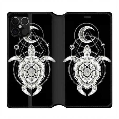 Housse Cuir Portefeuille Pour Iphone 12 / 12 Pro Animaux Maori Tortue Noir