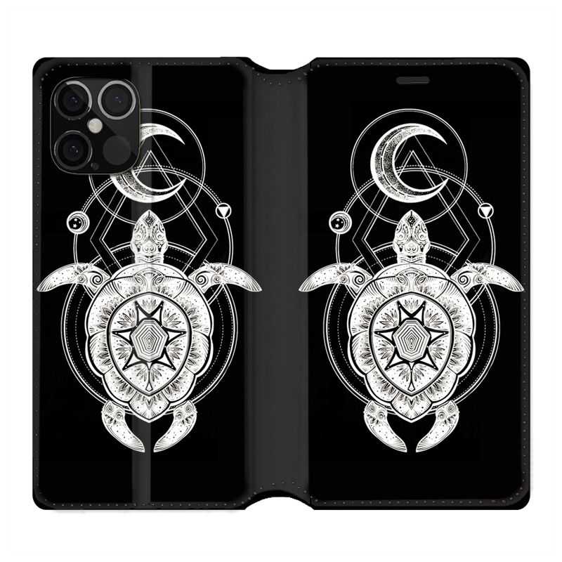 Housse Cuir Portefeuille Pour Iphone 12 / 12 Pro Animaux Maori Tortue Noir