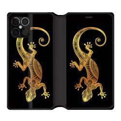 Housse Cuir Portefeuille Pour Iphone 12 / 12 Pro Animaux Maori Lezard Noir